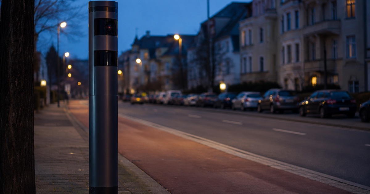 Moderne Blitzersäule innerorts am Straßenrand