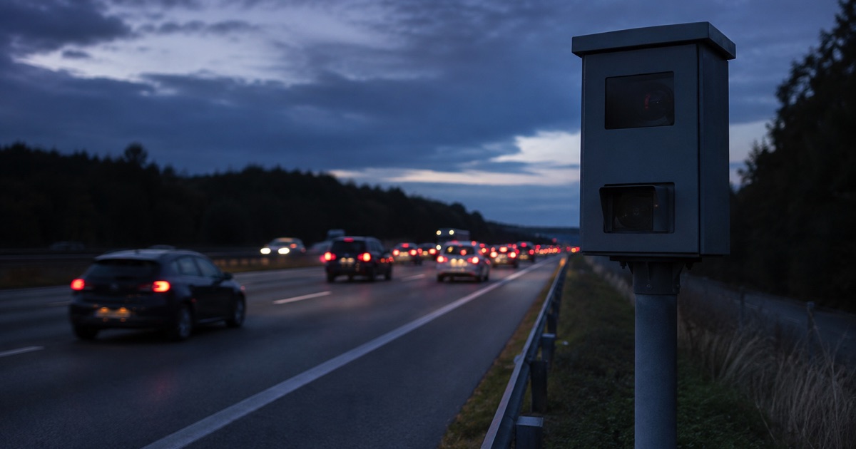 Blitzersäule an einer Landstraße am Abend
