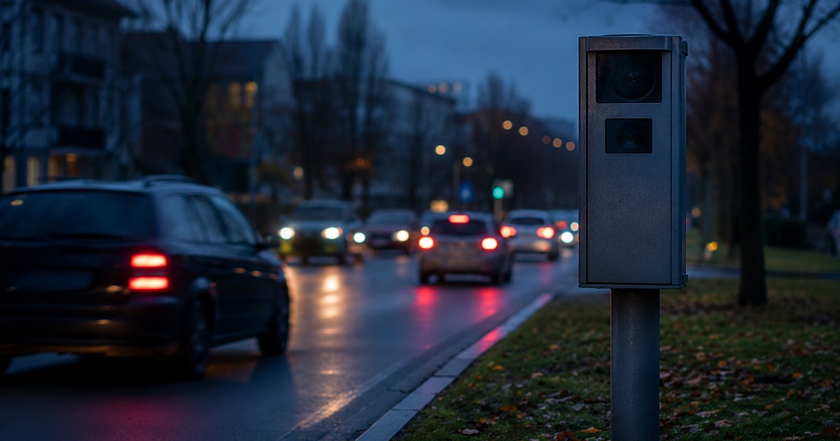 Blitzer an einer Stadtstraße bei Dämmerung