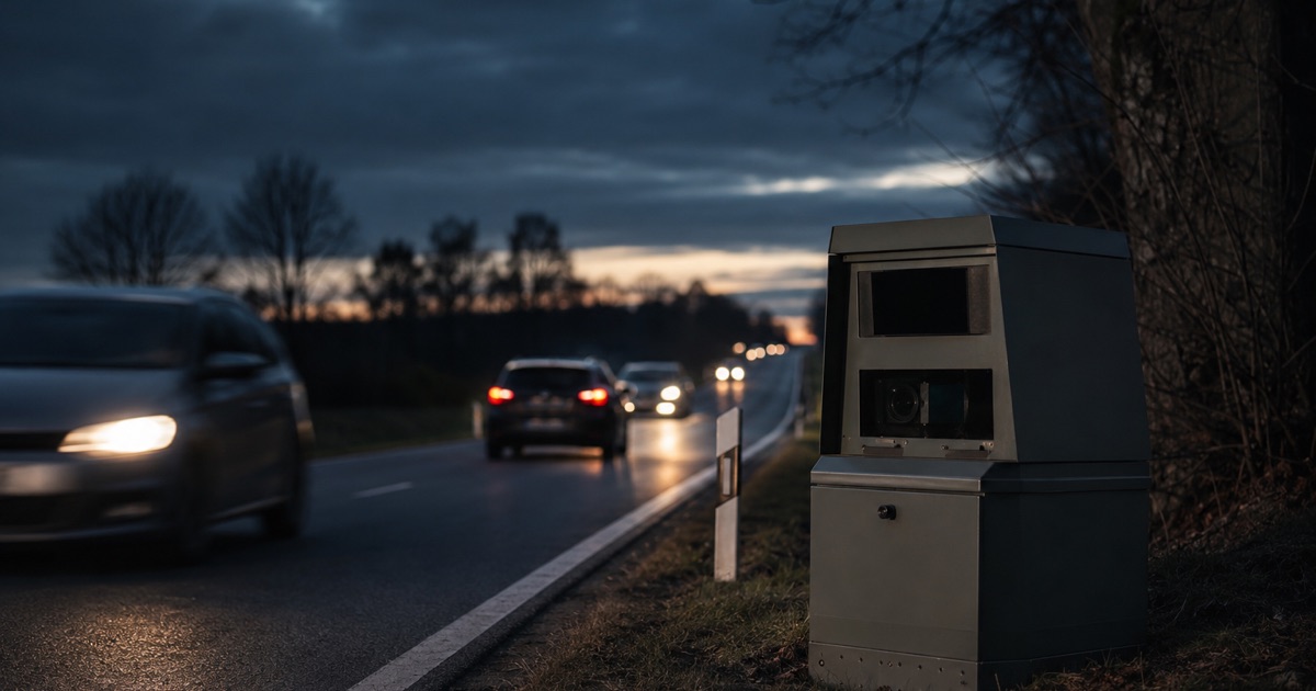 Blitzeranhänger am Straßenrand bei Dämmerung